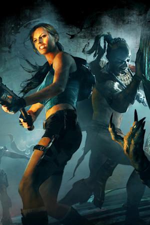 Lara Croft holding a flamethrower in a dark and moody room. 