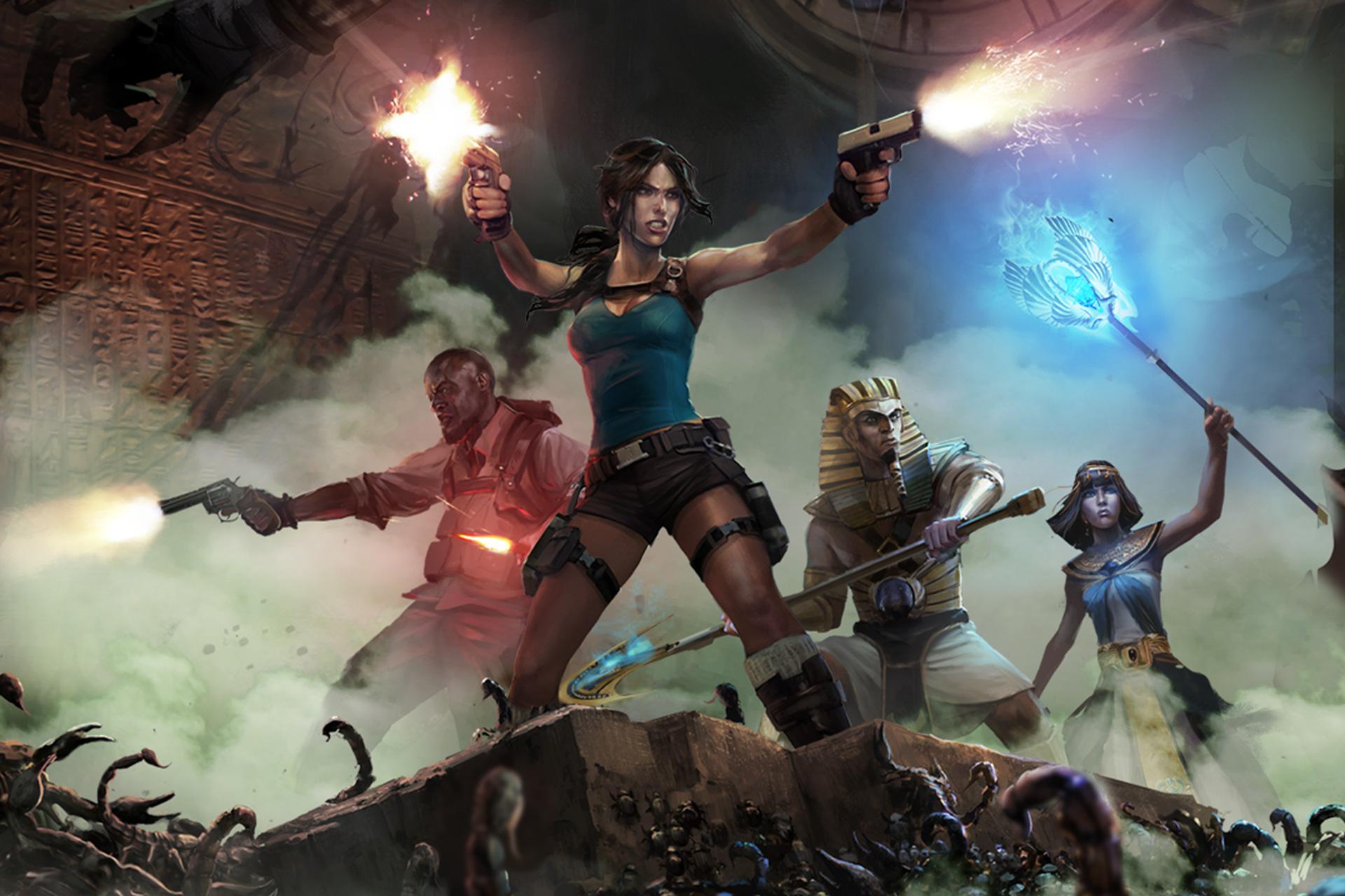 Lara Croft, Carter Bell, Isis, and Horus fighting together in Lara Croft and the Temple of Osiris. 