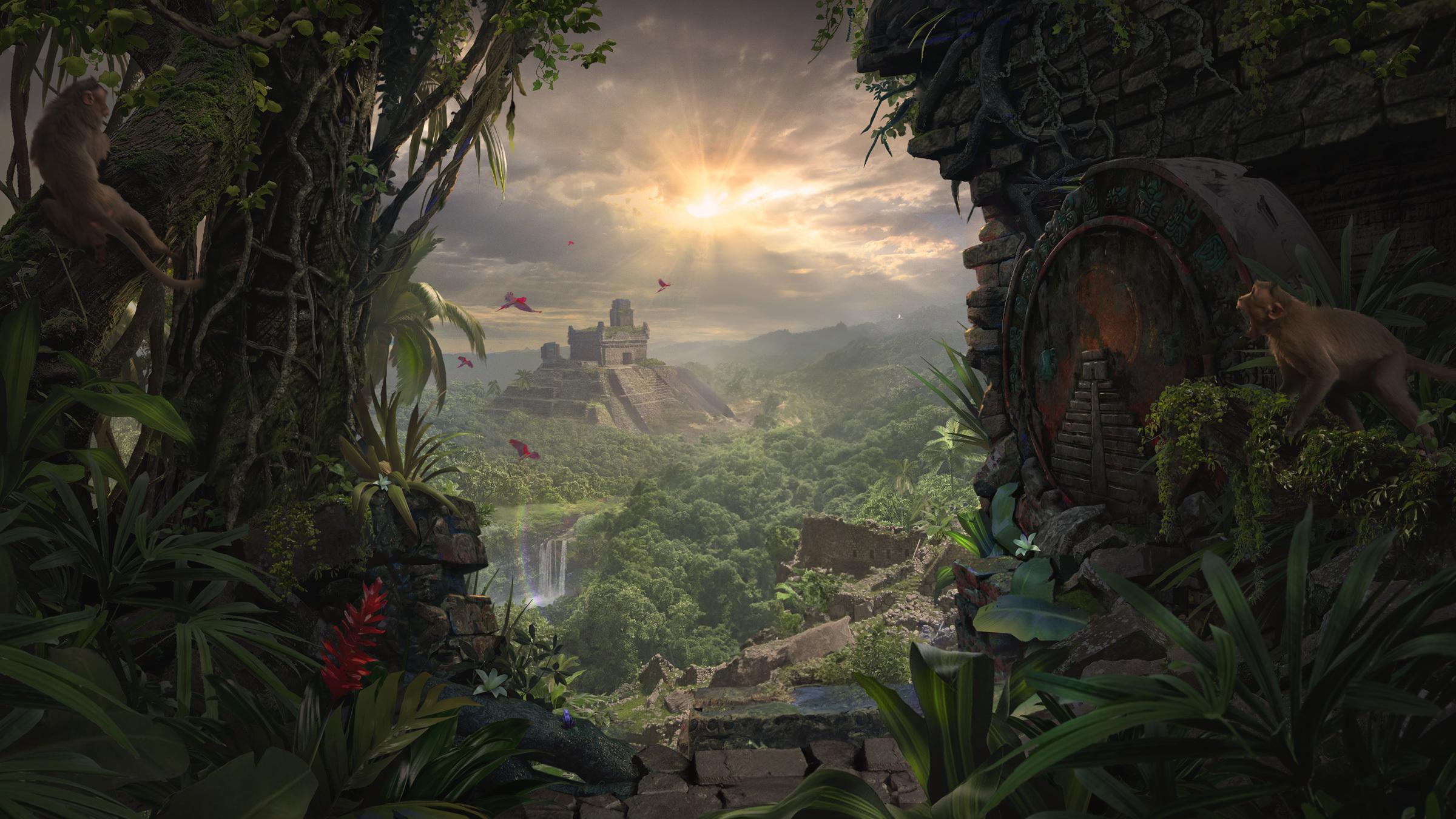 Golden sunlight filters through the dense foliage of a jungle, illuminating an ancient stone archway and watchful mountain lion.