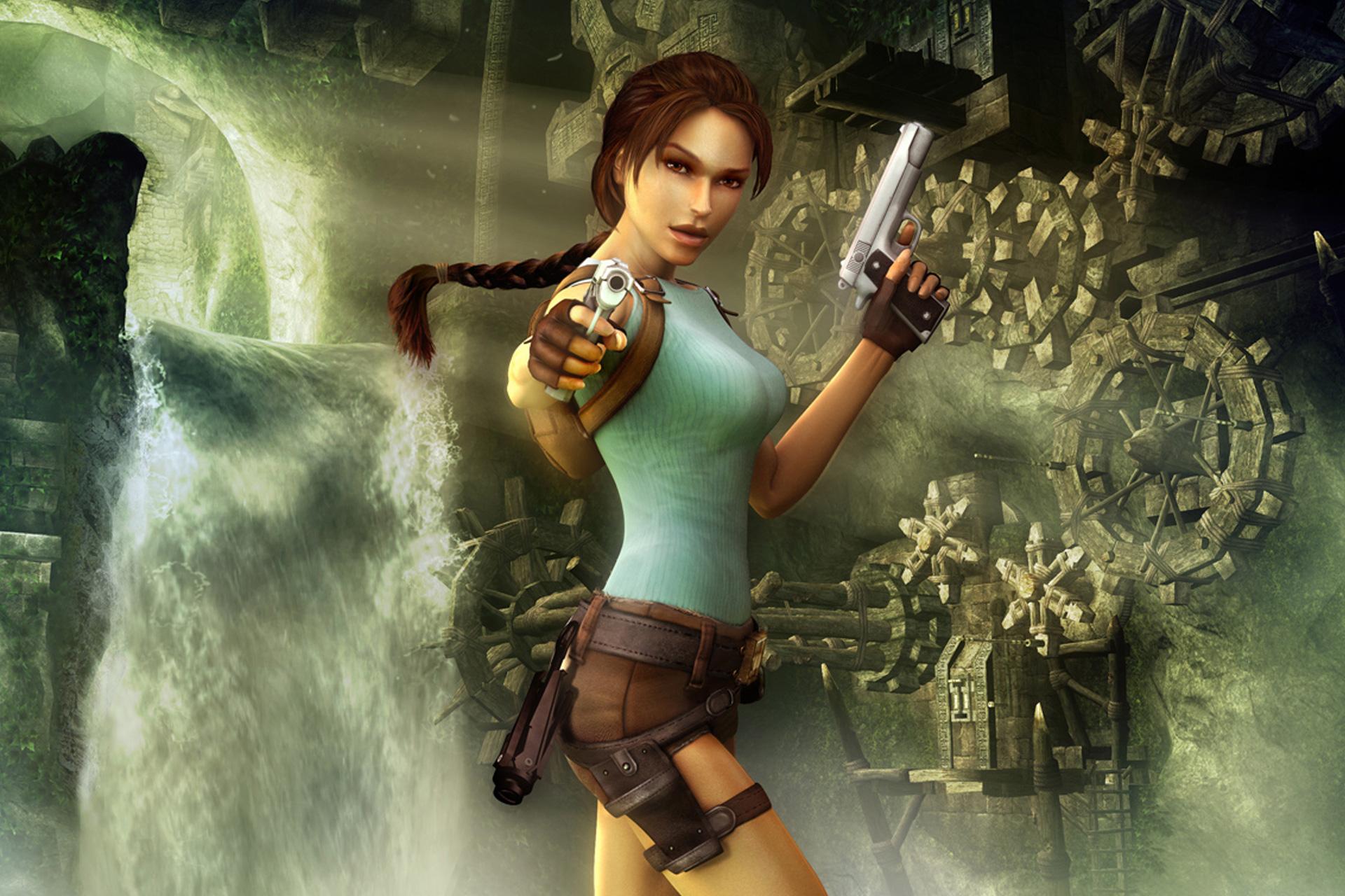 Lara Croft from Tomb Raider: Anniversary standing in front of a waterfall and the classic cog puzzle.