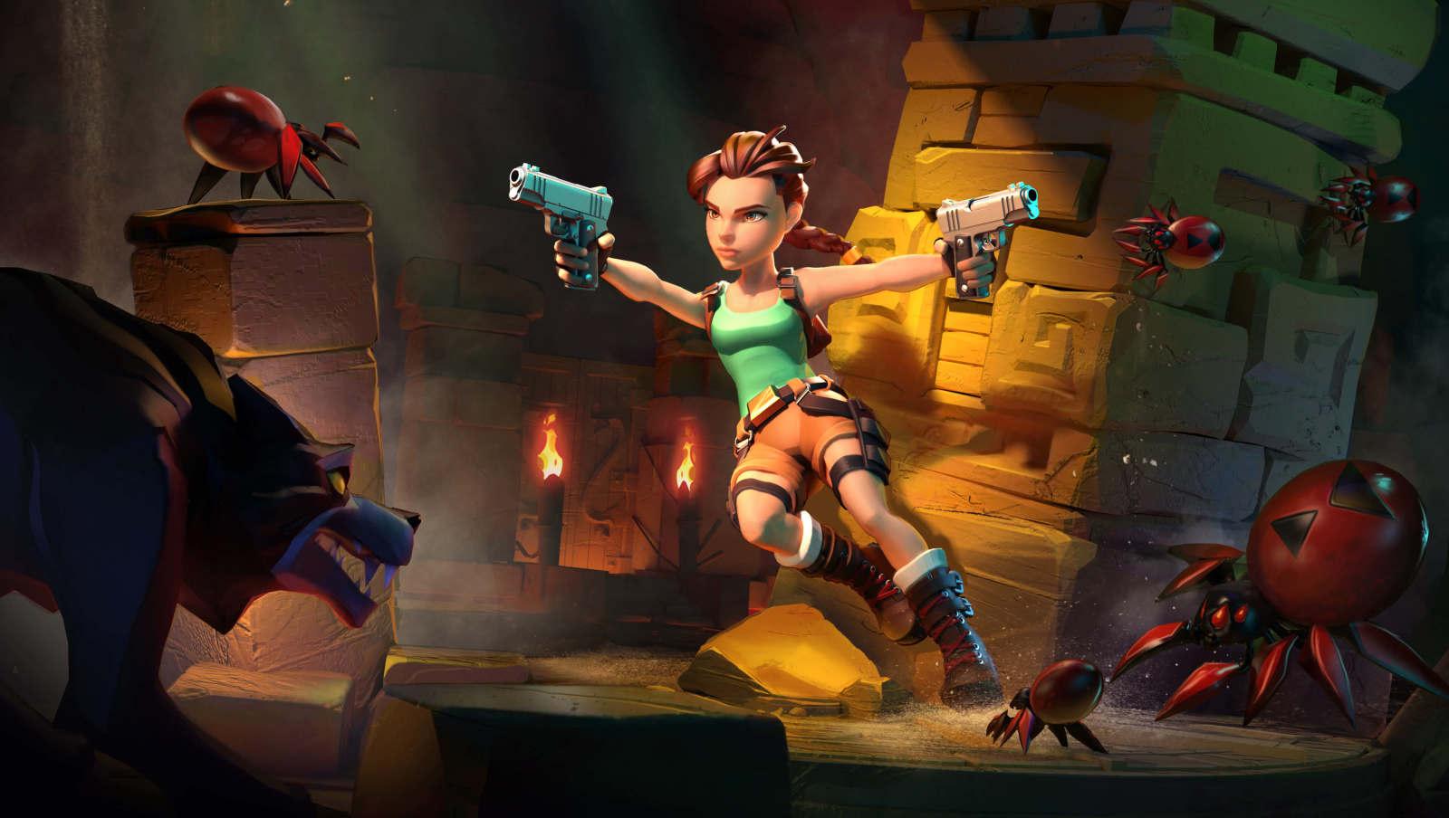 A fierce Lara with dual pistols jumps into action in an ancient, torch-lit tomb while being surrounded by oversized spiders.