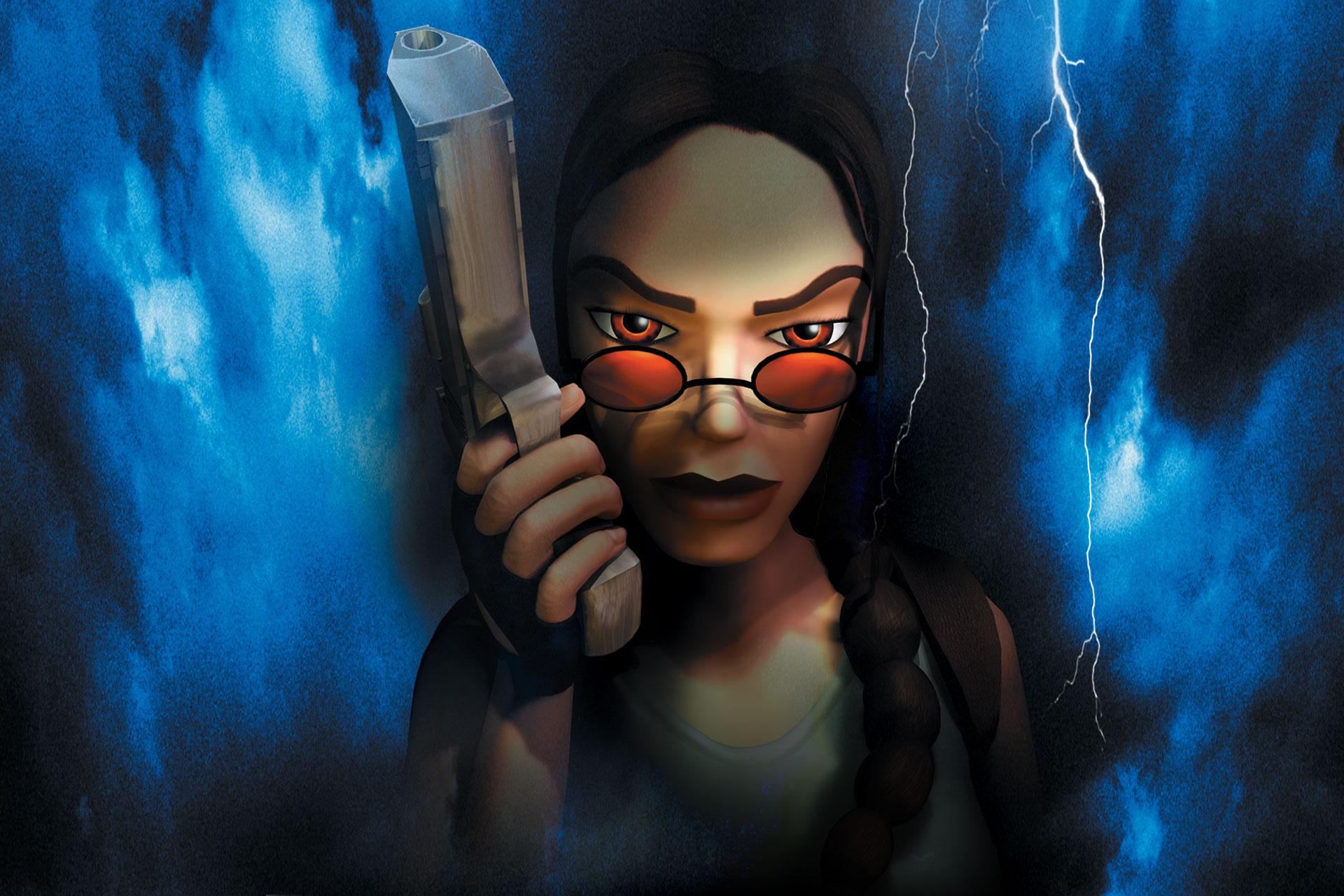 A close-up image of Lara Croft's face surrounded by dark clouds and lightning. 