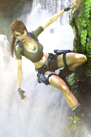 Lara Croft from Tomb Raider: Legend hanging off a cliff in front of a waterfall. 