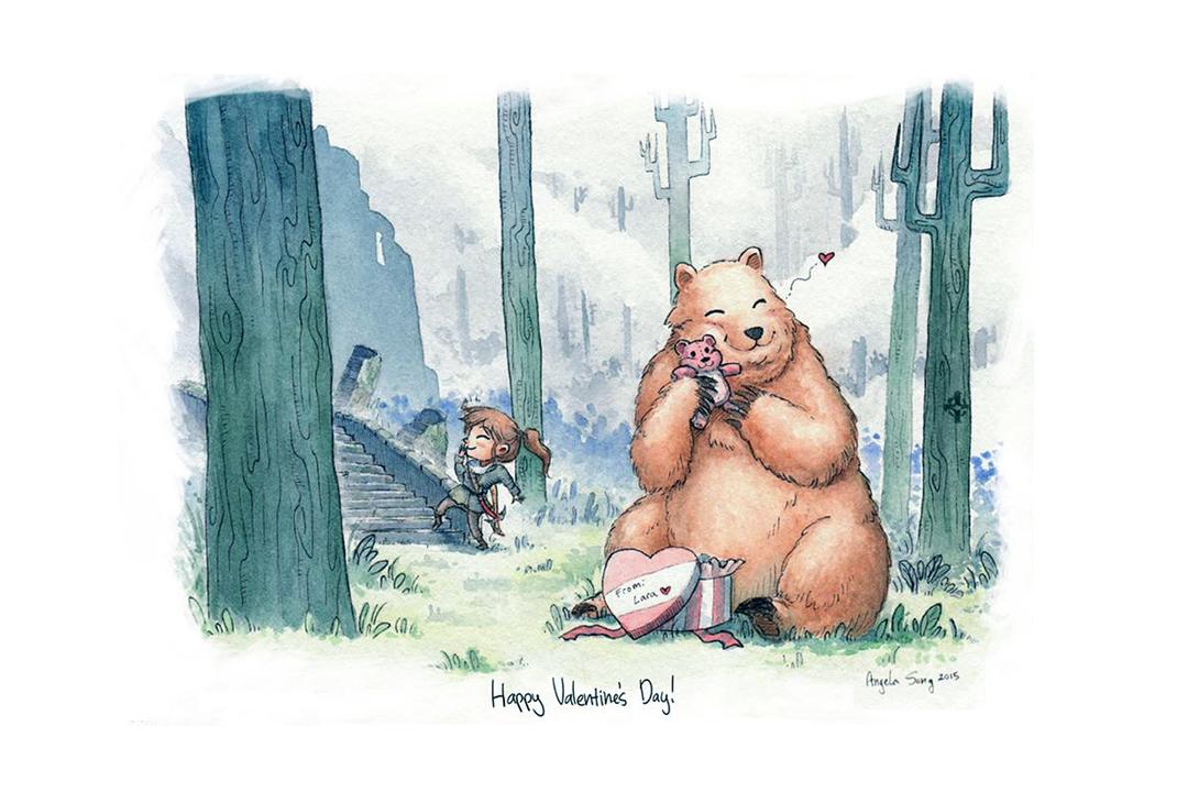 Lara Croft distracting a bear with a gift so to sneak by.