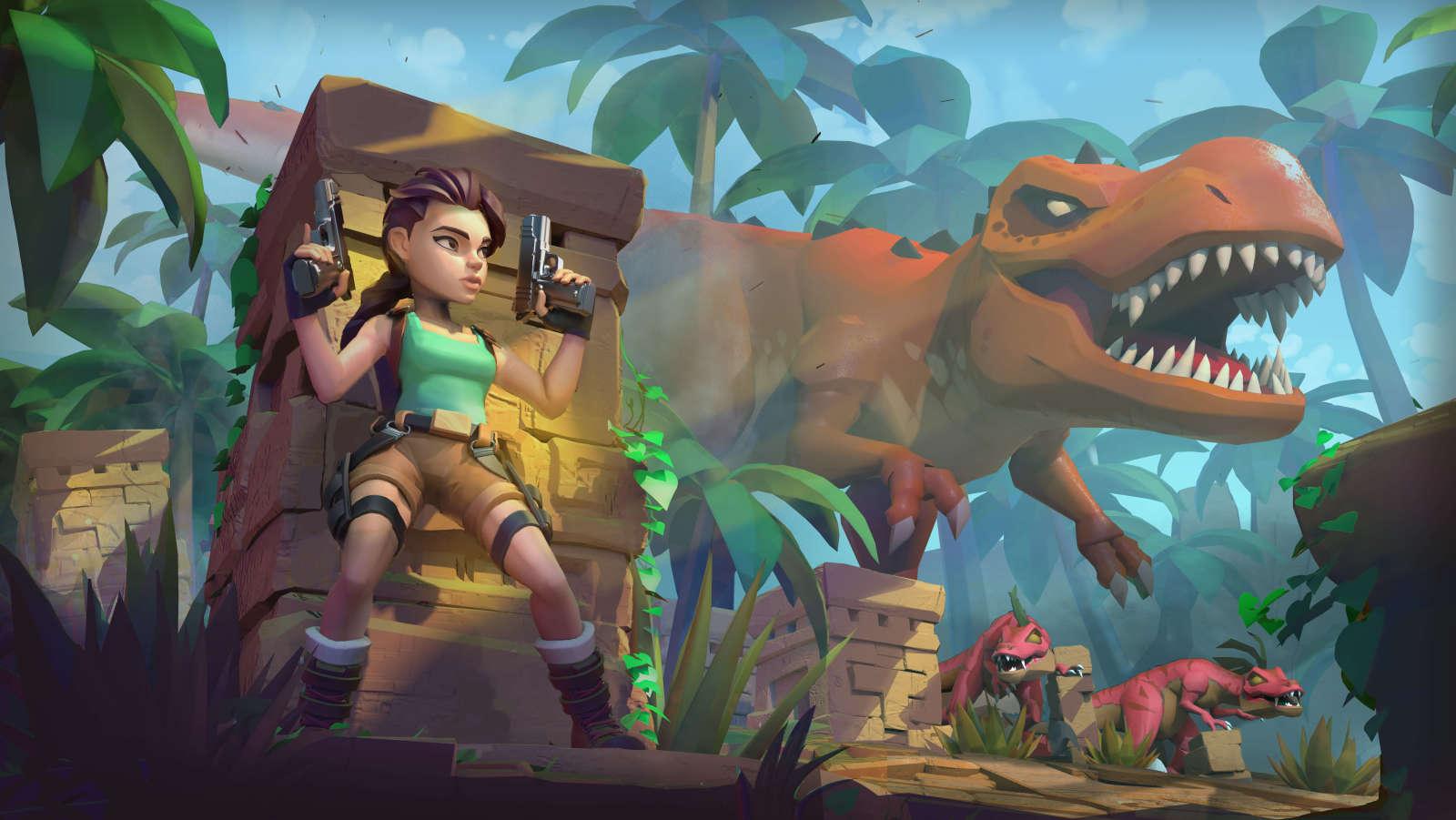 Lara in a tropical environment sits nonchalantly on a throne-like chair while a large dinosaur roars beside her.