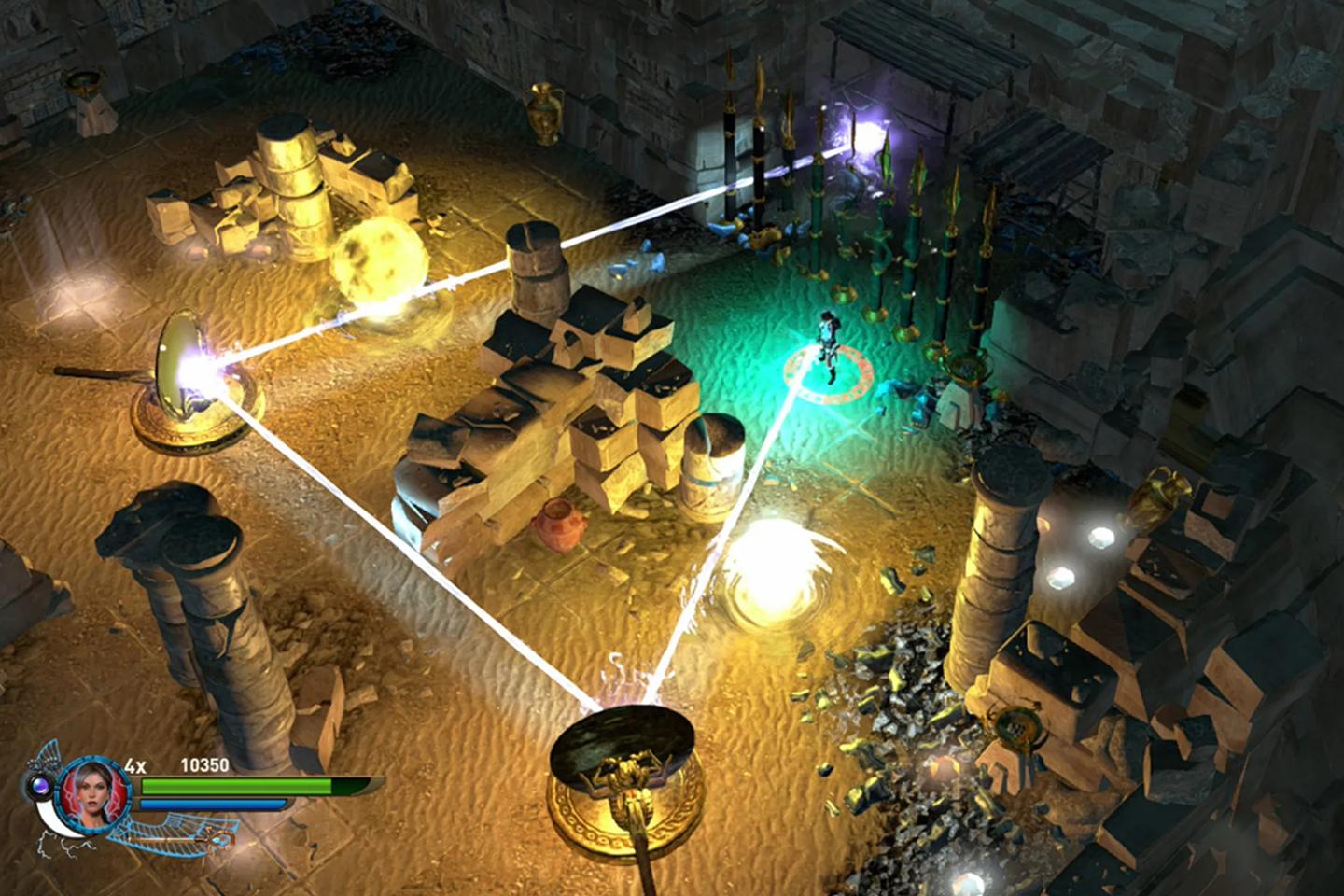 Arial view of three beams of light surrounding stack of boxes inside tomb.