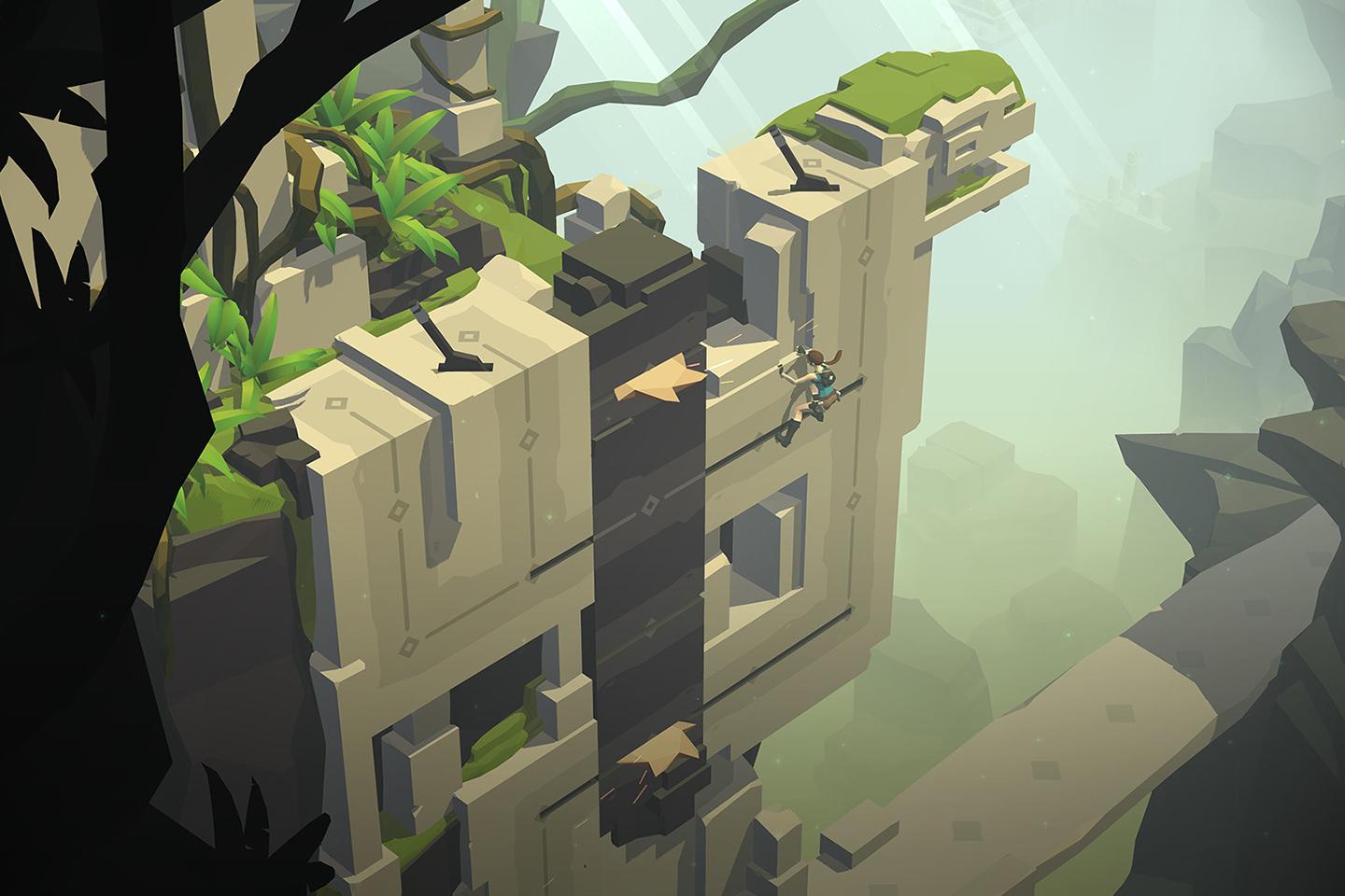 A game scene depicting a character scaling the side of a sheer cliff face, with the ruins of an ancient civilization visible in the misty distance.