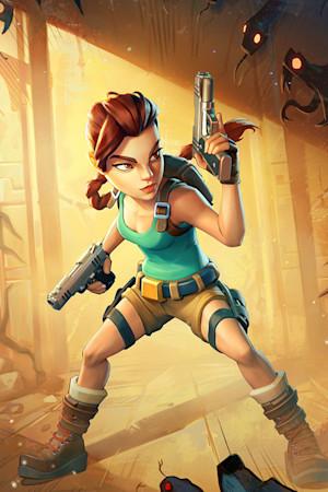 Lara Croft posed for action while enemies rush in from off screen.