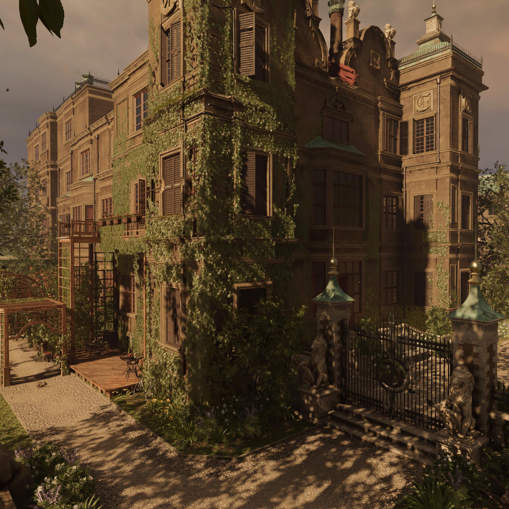 A four-story manor cast in shadows and partially covered in ivy