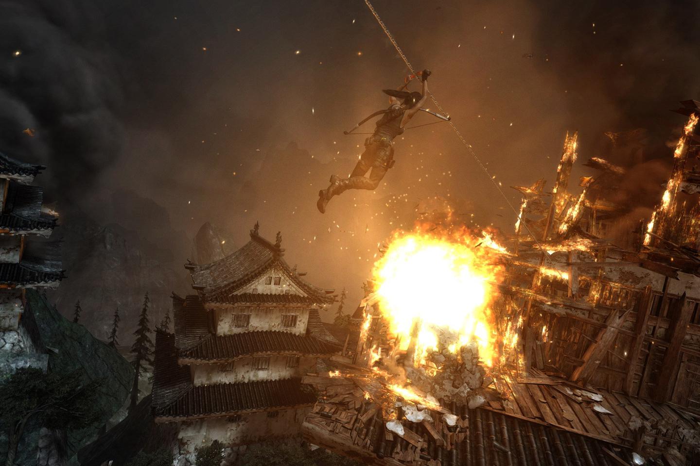 Lara ziplining over burning village.