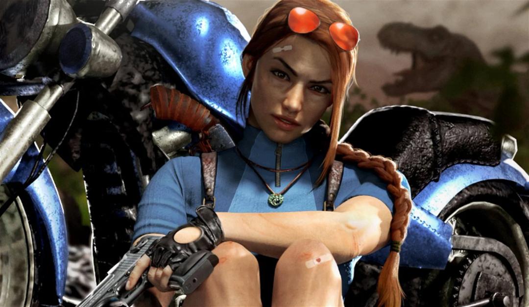 A realistic portrayal of Lara sitting on a motorcycle, with a focused expression, set in a rugged terrain.