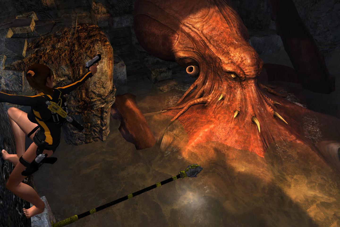 Lara pointing gun toward massive red octopus.