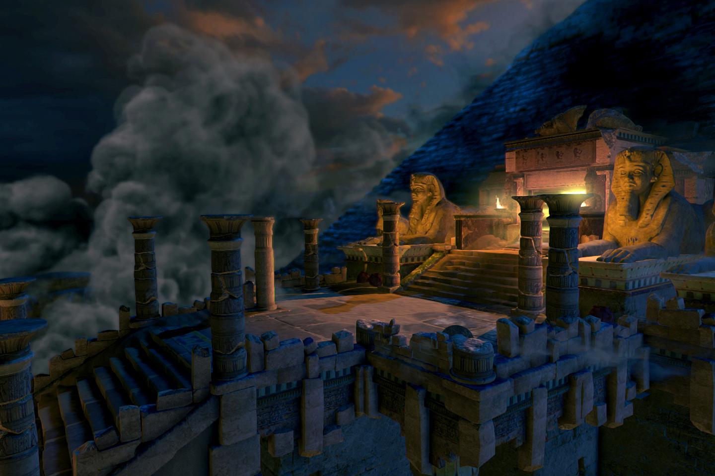 A mystical depiction of an ancient Egyptian temple at night, with towering statues and columns, enveloped in mist and lit by a glowing light.