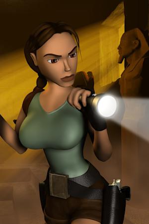 An image of Lara Croft in an Egyptian tomb holding her pistol and a flashlight. 