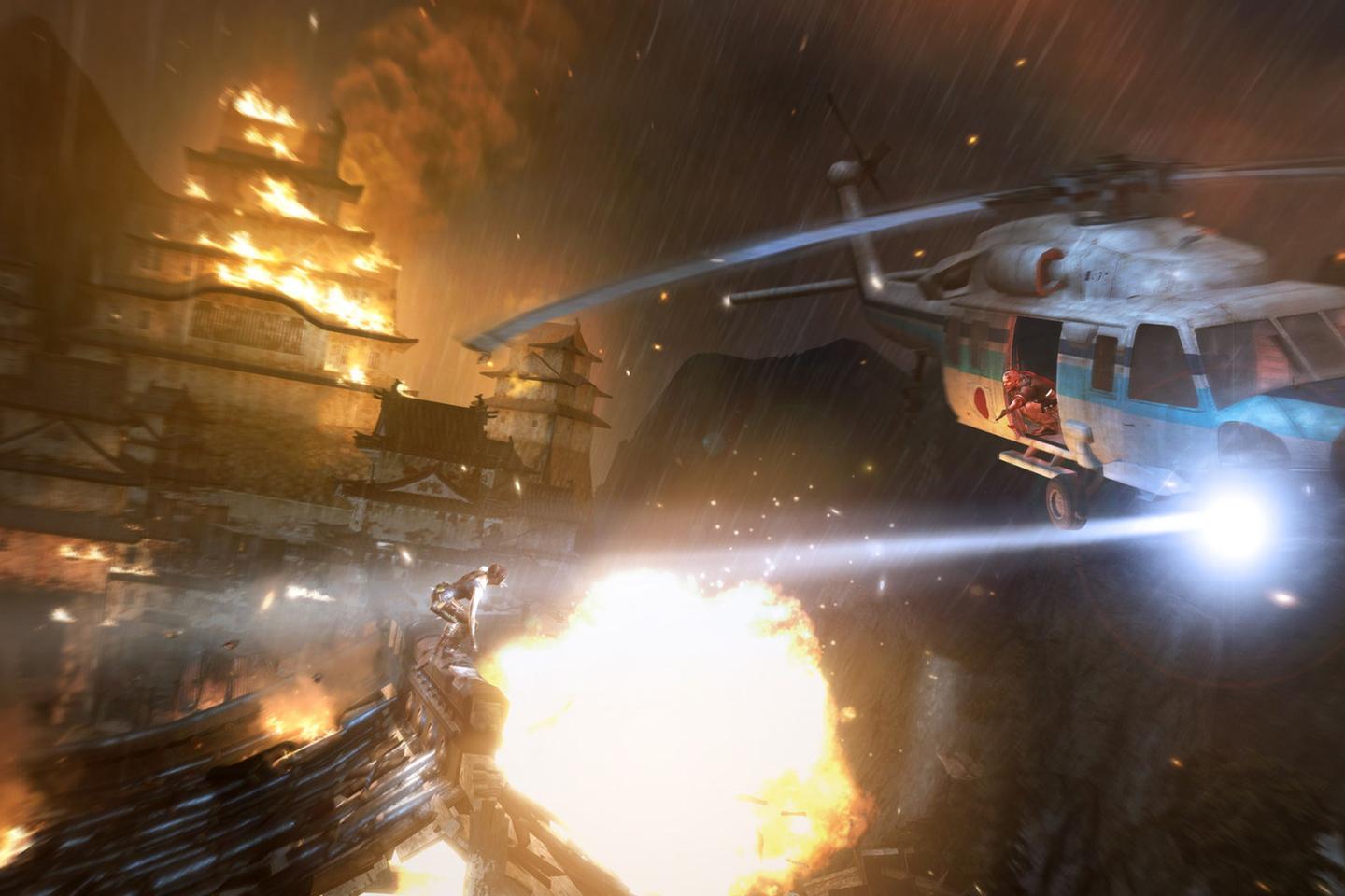 Helicopter flying above burning temple.