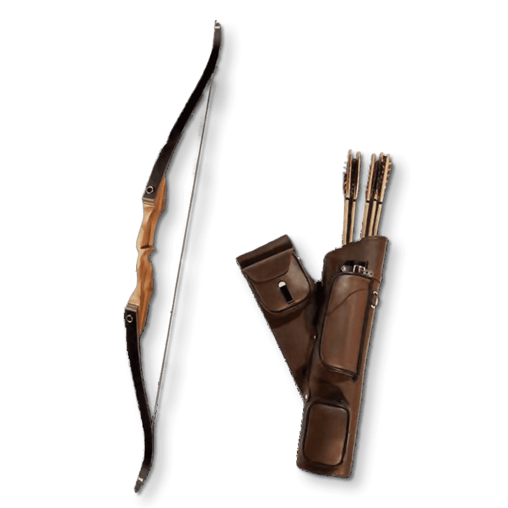 A wooden bow and a leather case carrying five arrows sits against a white background