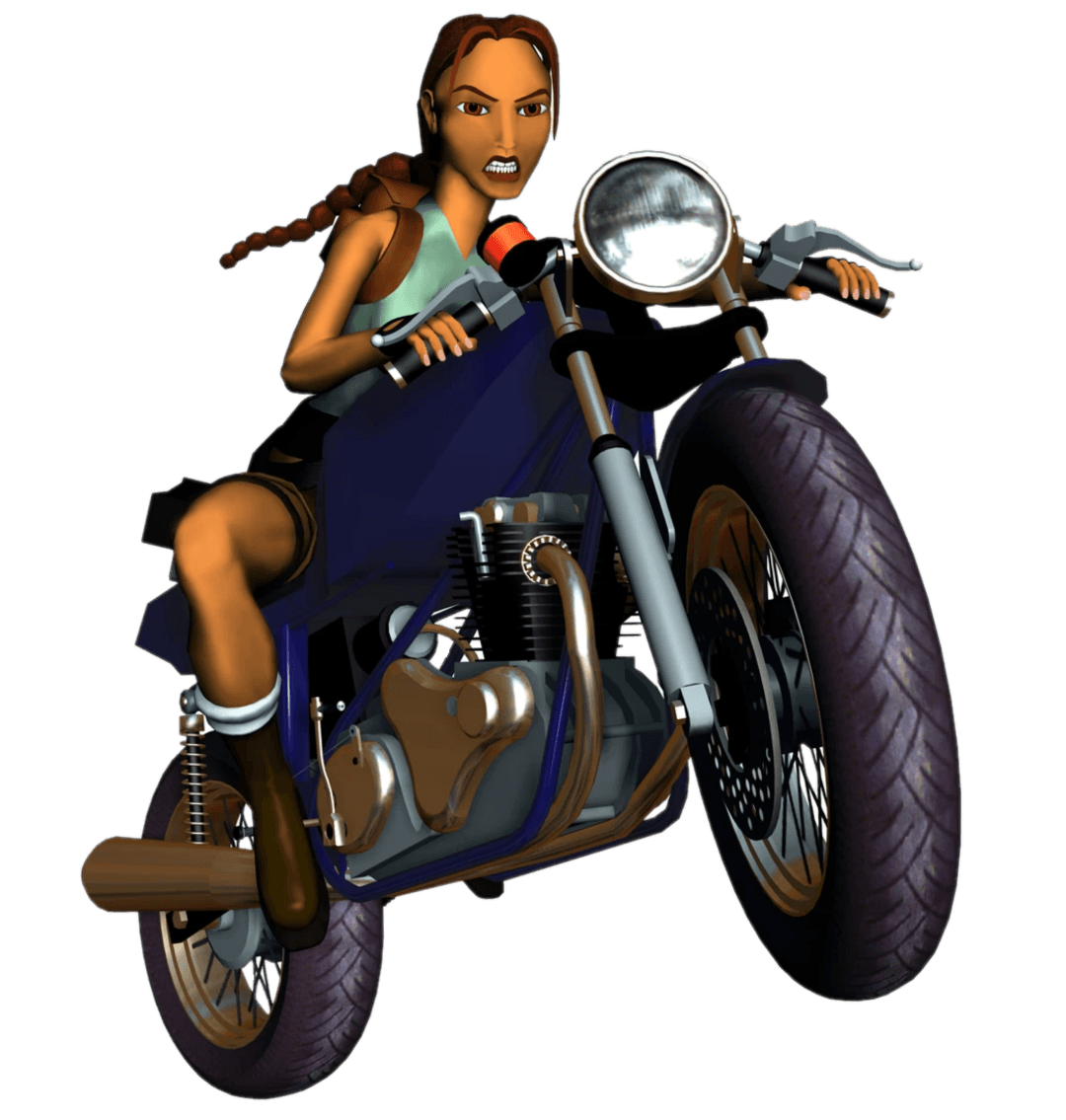 Lara riding her motorcycle, mid-jump