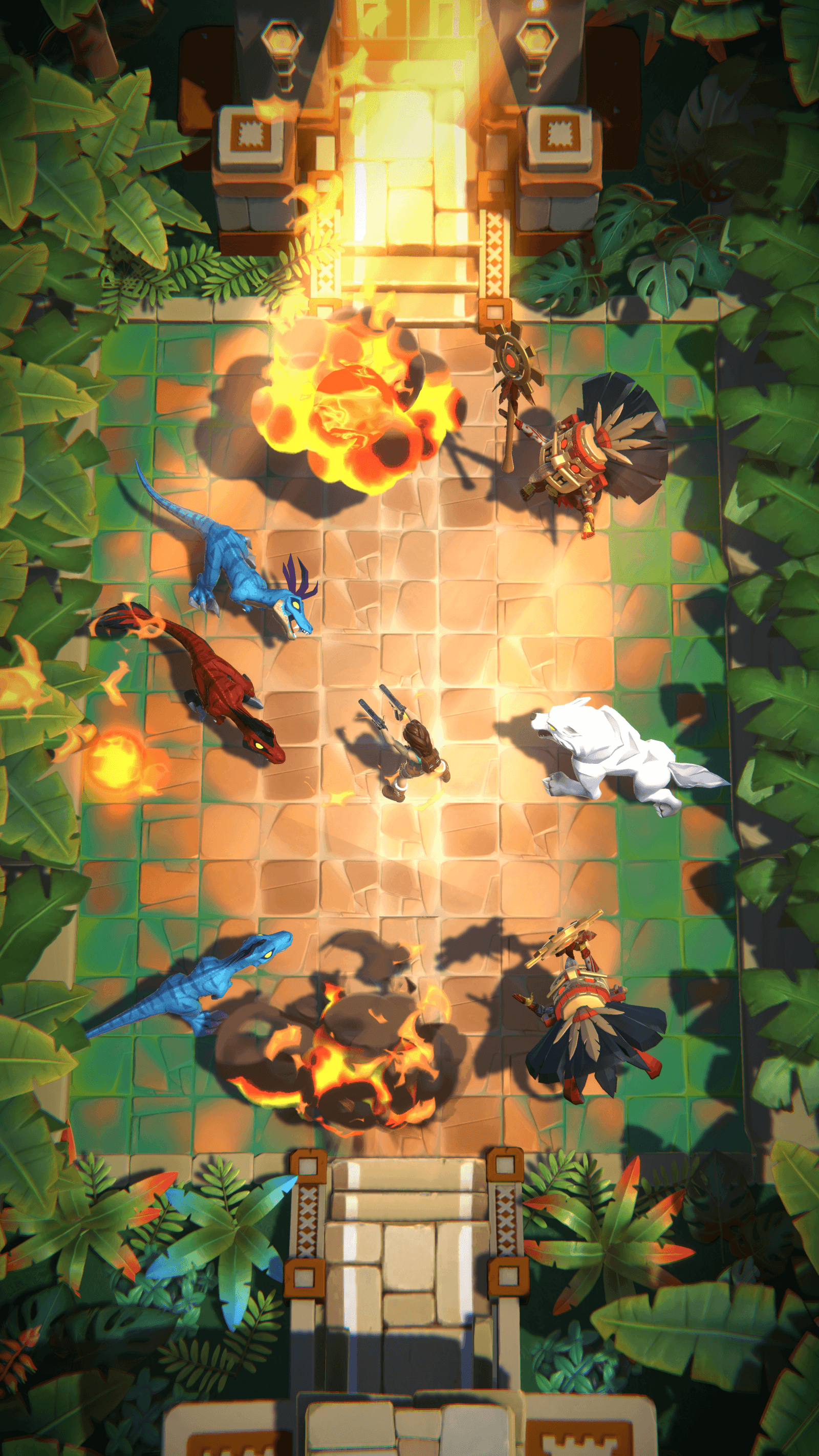 A top-down view of a fiery corridor in a jungle, with various figures in action and explosions dotting the path.