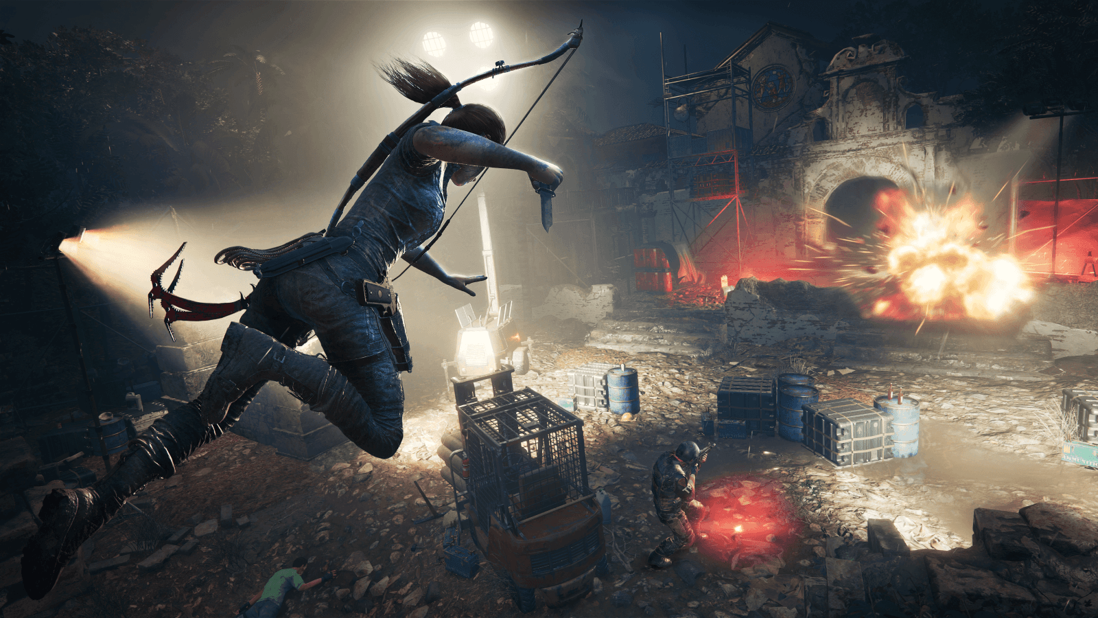 An action-packed scene featuring a character leaping through the air in a destroyed urban environment with an explosion and debris in the background.
