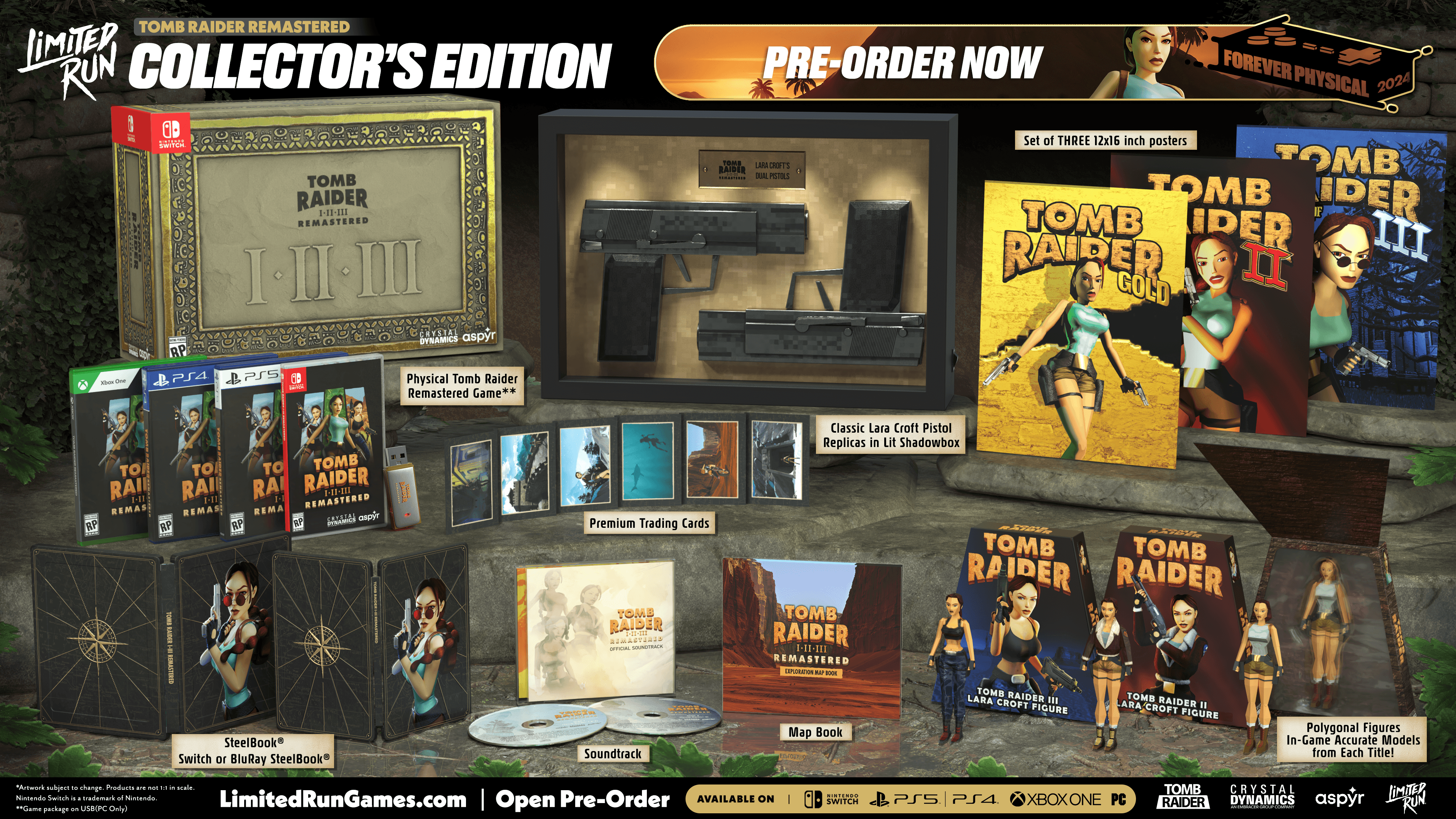 A bundle of items included in the Limited Run Games Collector's Edition of Tomb Raider I-III Remastered.